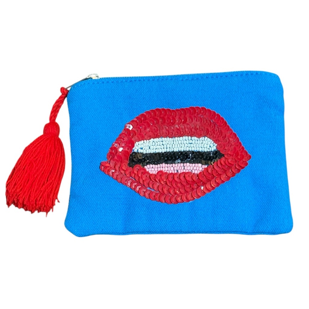Blue Sequin Lip Wristlet Clutch with Red Tassel